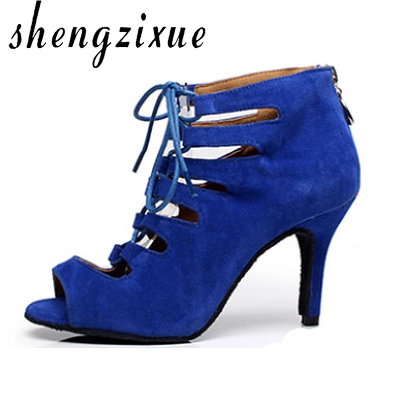 baratas Shengzixue Flanela Primavera vermelho azul roxo preto Fundo Macio sandálias Salsa Latin Sapatos de Dança Sapatos de Dança das Mulheres Zíper heel10cm