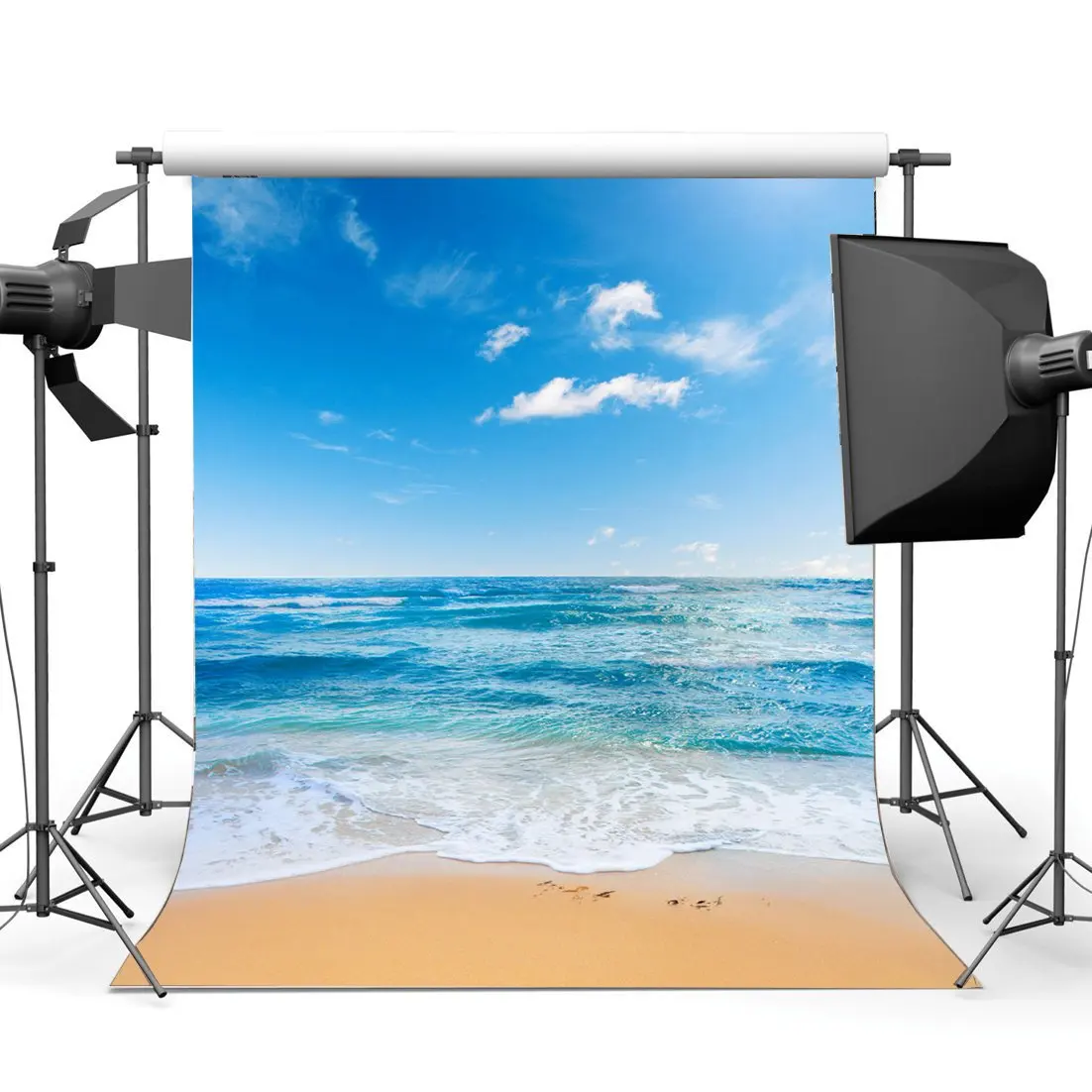 

Sand Beach Backdrop Seaside Waves Blue Sky White Cloud Nature Ocean Sailing Summer Journey Background Girls Lover