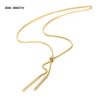 

Distinctive Designer Long Chain Pendant Necklace,Stainless Steel Metal with Clear Stones Bar,Fashion Sizable Necklace For Women
