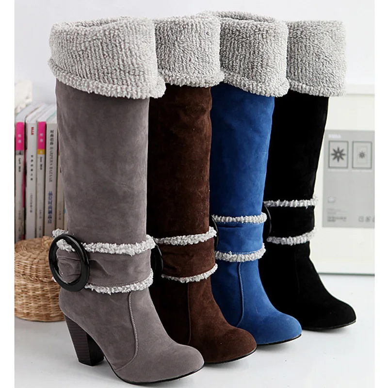 Модные женские сапоги до колена из флока; теплые высокие сапоги на высоком каблуке; сезон осень-зима; женская обувь; большие размеры 34-43; WSH2501