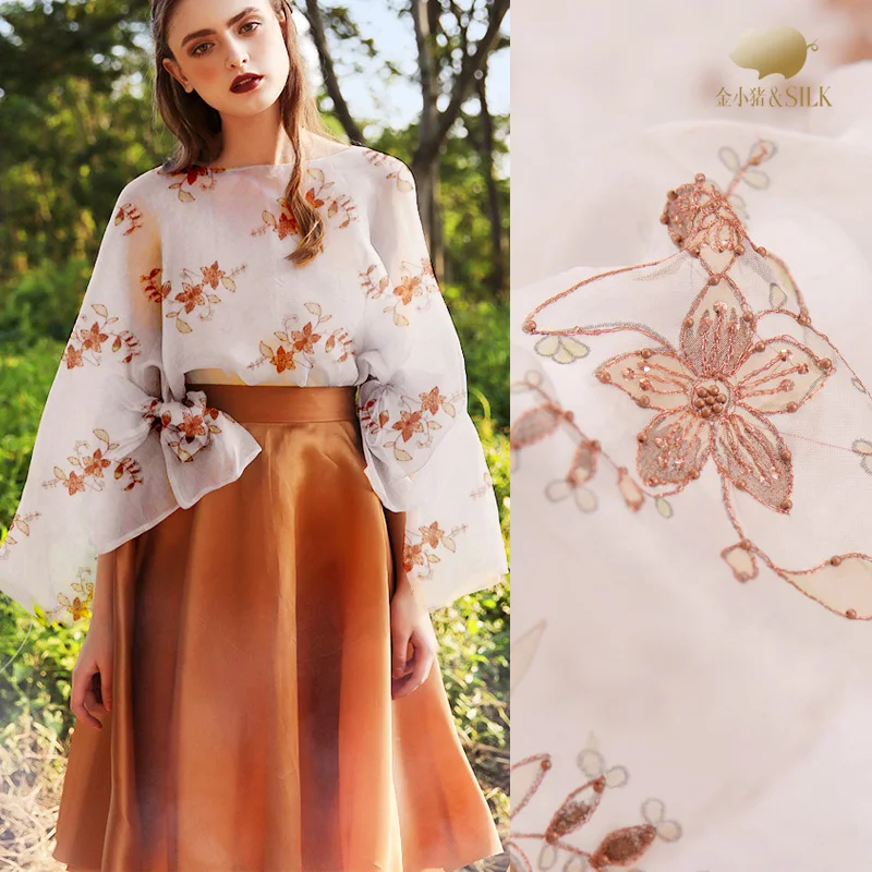 Buy Beaded embroidery silk organza fabric