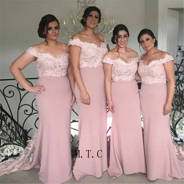 Special Price Blush Mermaid Elastic Satin Long Bridesmaid Dresses Off The Shoulder Sweep Train Lace Appliques High Quality Maid Of Honor Gowns Special Price Blush Mermaid Elastic Satin Long Bridesmaid Dresses Off The Shoulder Sweep Train Lace Appliques High Quality Maid Of Honor Gowns
