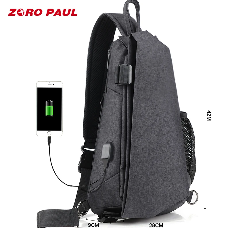 ZORO PAUL USB Design High Capacity Chest Pack Men Crossbody Bag suit for 9.7 inch IPad Water Repellent Men's Shoulder Bag сумка zoro paul zr1901 3