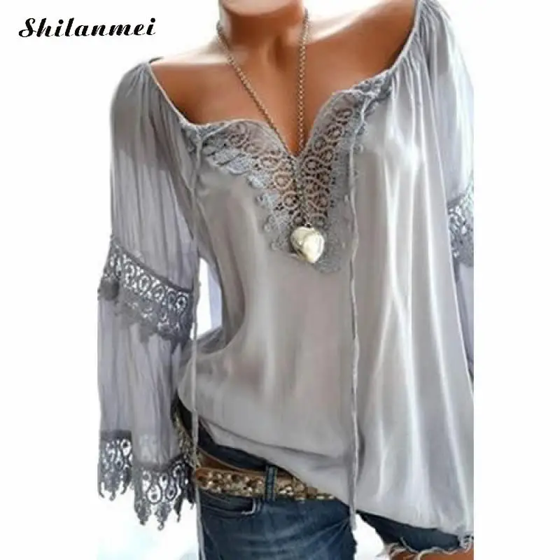 

2019 Plus Size 5XL 4XL Women Crochet Lace Blouses Hollow Out Summer Sexy Top Long Sleeve Shirts Fashion Casual Blusas Feminina
