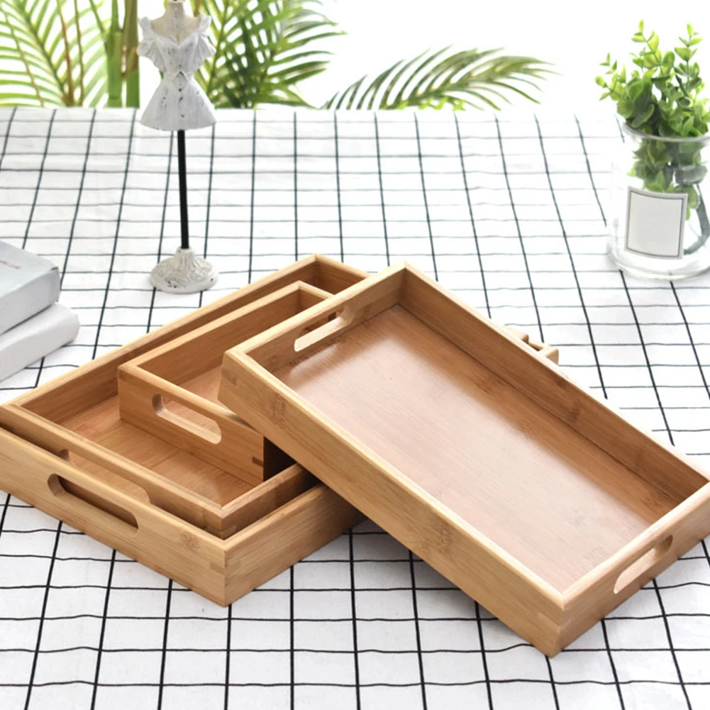 

1PC Kitchen Tea Breakfast Serving Tray Home Rectangular Water Cocktails Drink Storage With Handle Dishes Solid Wood 3 Size
