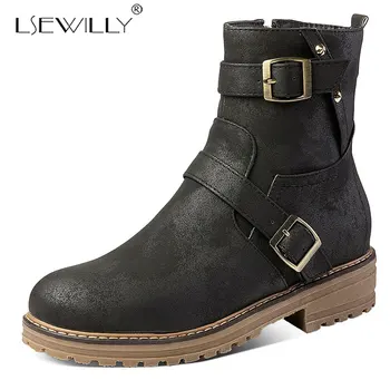 

Lsewilly Women's Retro Western Boots Size 34-44 Zipper Short Boots Ladies Buckled Strap Motorcycle Boots Autumn Winter Shoe K81