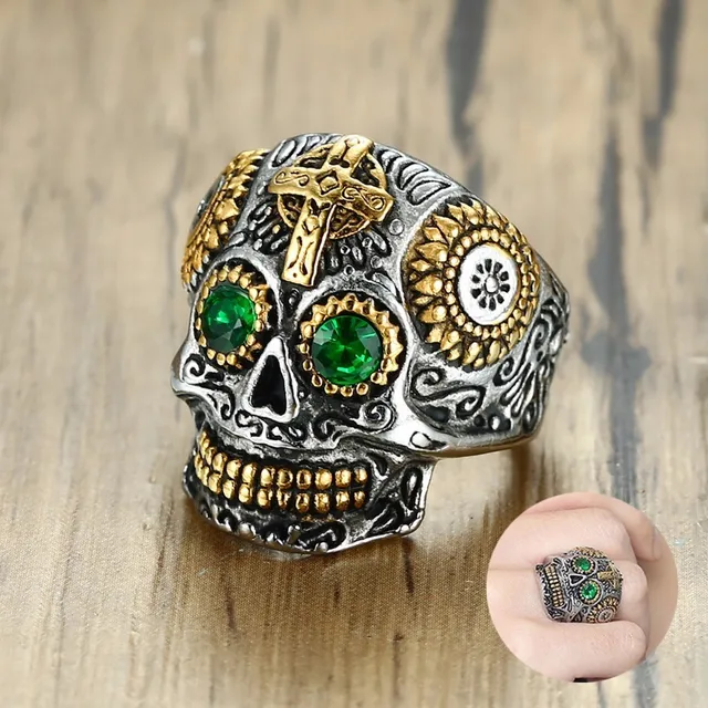 Men S Mexican Sugar Skull Ring Punk Green Eyes Gold Teeth Rings With Men S Mexican Sugar Skull Ring Punk Green Eyes Gold Teeth Rings With Gothic Cross For