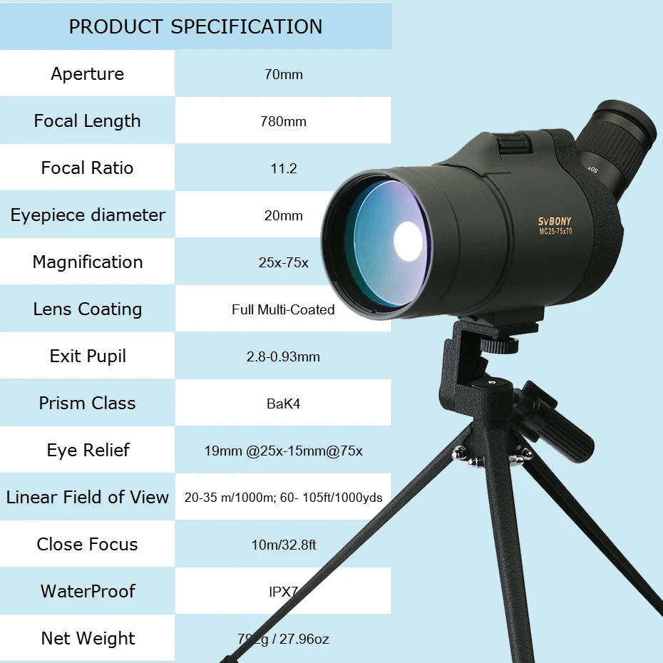 SVBONY 25-75x70 Зрительная труба SV41 монокулярный телескоп рефракционный зум охотничья оптика BAK4 призма дальний водонепроницаемый w/штатив для охоты, стрельбы, стрельбы из лука, наблюдения за птицами