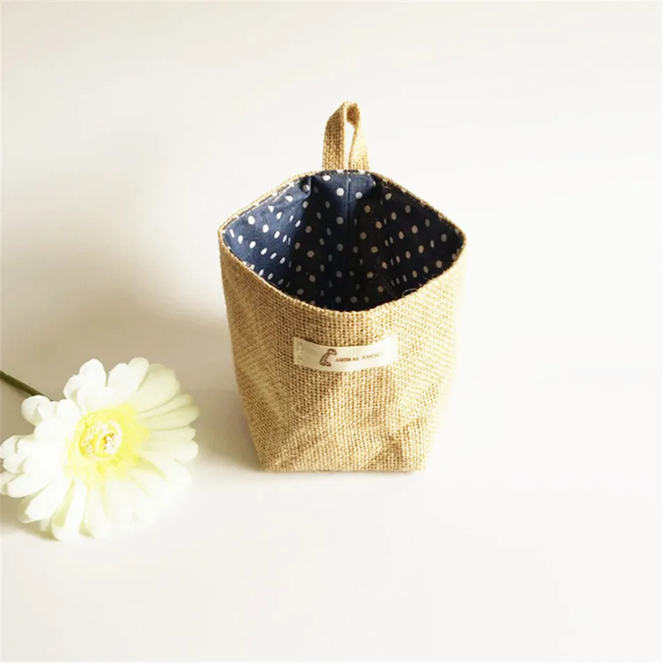 Linen Woven Storage Basket Polka Dot Small Storage Sack Cloth Hanging Non Woven Storage Basket Buckets Bags Kids Toy Box (9)