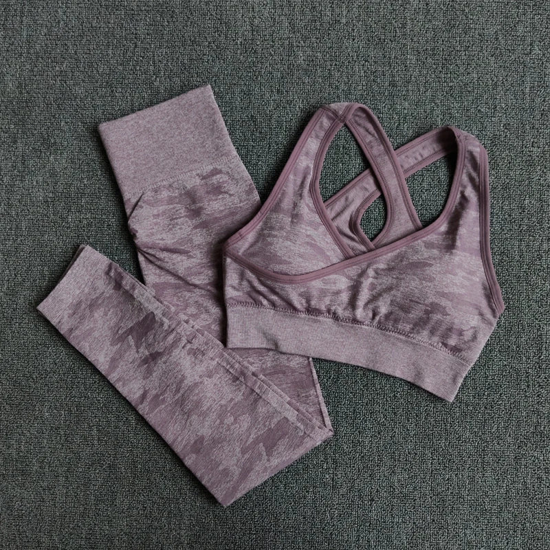 Cena 2 sztuk zestaw jogi bez szwu kamuflaż kobiety Fitness odzież sportowa siłownia legginsy wyściełane Push Up Strappy biustonosz sportowy sportowe garnitury