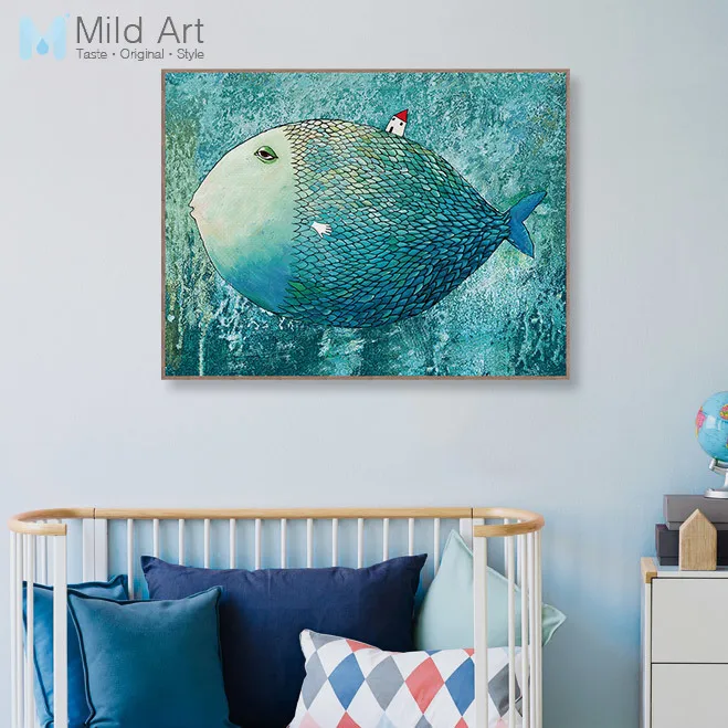 Modern Watercolor Big Fish Canvas Print Poster Abstract Animated Fairies Pictures Wall Art Kids