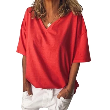

Hot Sale 2019 Summer Women Plus Size Loose T Shirt V Neck Solid Short Sleeve Casual Streetwear Tees Pullover Clothes Ladies Tops