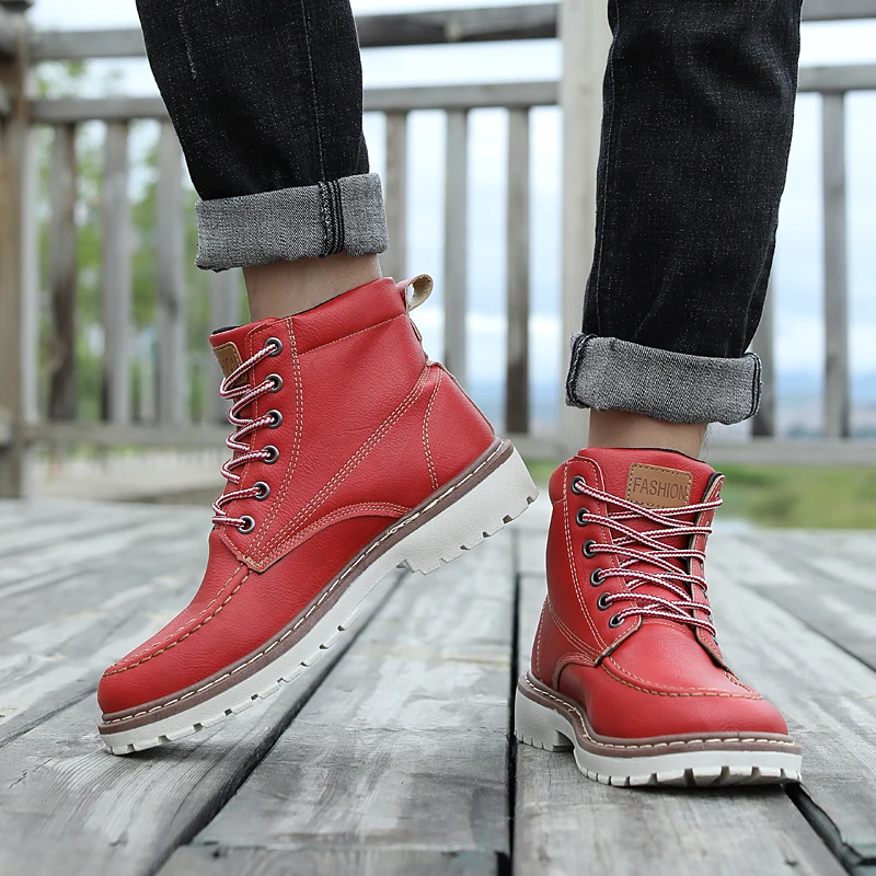 Новинка; мужские ботинки; зимние ботинки; теплые плюшевые ботинки на меху со шнуровкой и высоким берцем в простом стиле; цвет черный, красный, коричневый, серый; Классическая обувь