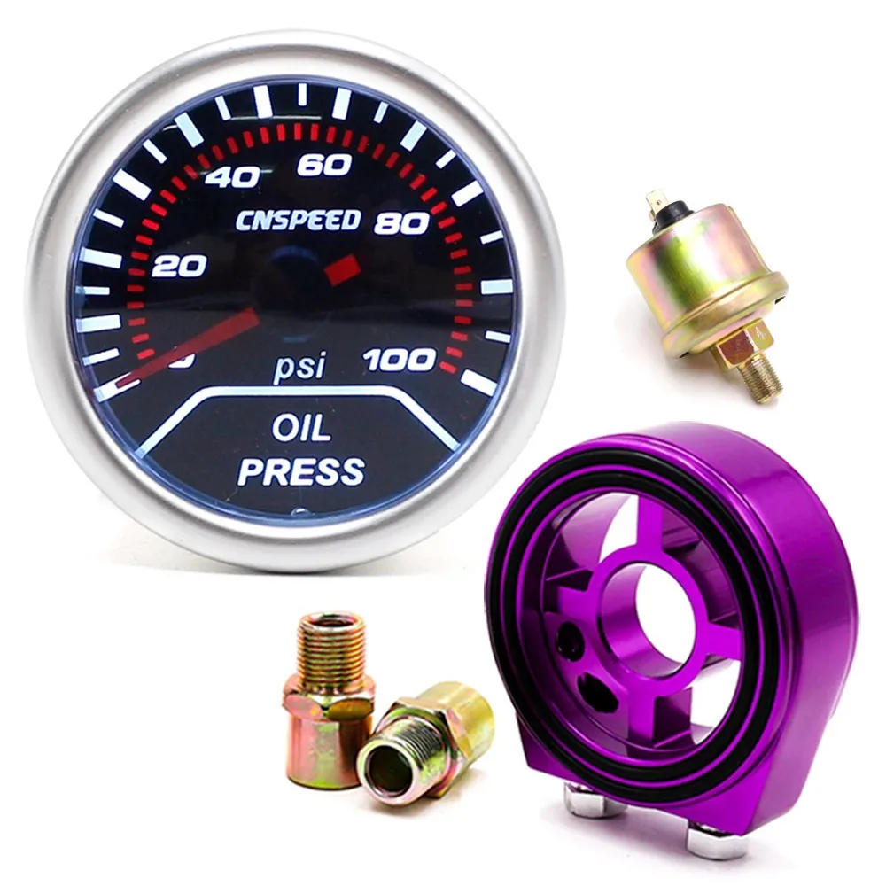 " 52 мм дымовой объектив манометр масла 0-100 PSI отображение тахометра автомобиля с масляным фильтром сэндвич пластина адаптер - Цвет: purple Adapter