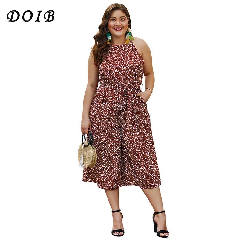 

DOIB Plus Size Jumpsuit Floral Print Sleeveless Wide Leg Opening Straight Rompers Summer Playsuit XL XXL XXXL XXXXL