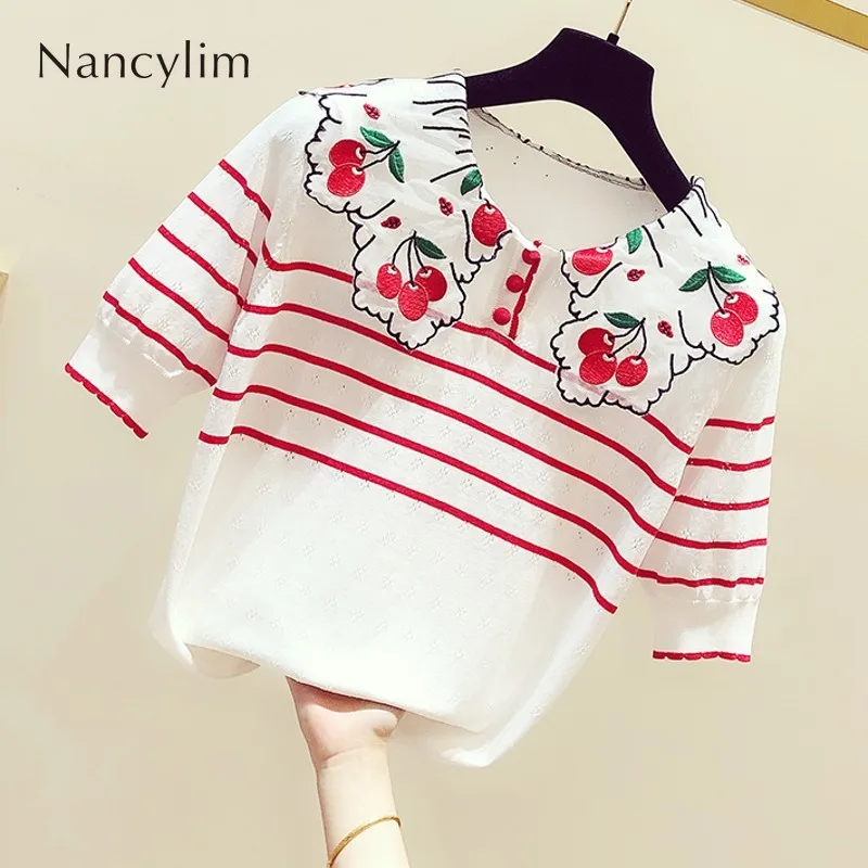 

2019 Summer New Korean Fresh Cherry Embroidery Doll Collar Short Sleeved Ice Silk Knitted Shirt Women's Leisure Shirt Nancylim T