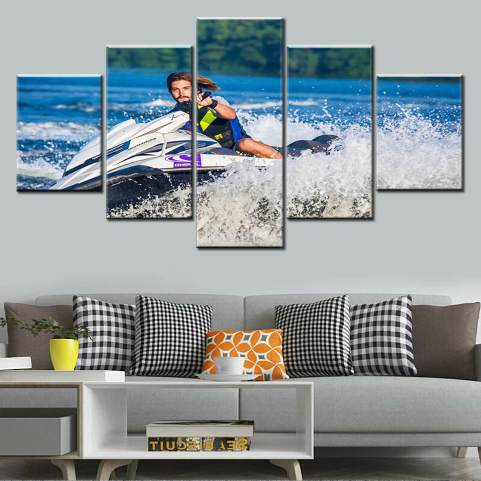 

5 pieces HD printing sports painting modular canvas motorboat sea Nordic modern wall art poster decoration picture frame