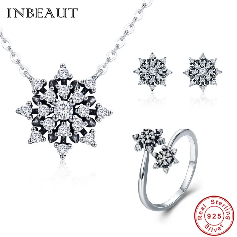 

INBEAUT 100% Trendy 925 Sterling Silver Winter Ice CZ Pendant Necklace Stud Earrings Ring Women Snowflake Wedding Jewelry Set