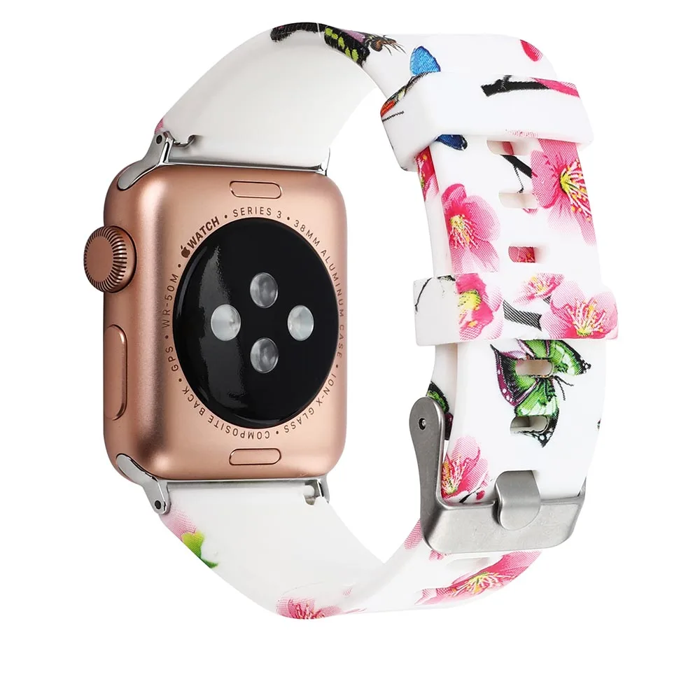 Цветочные полосы для Apple watch Series 5 4 3 2 1 40 мм 44 мм силиконовый ремешок с принтом для iWatch Series 4 3 2 38 мм 42 мм