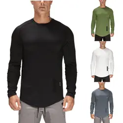 Хлопок Тренажерный Зал Фитнес футболка для мужчин с длинным рукавом спортивный топ бег футболка тренировки футбольная толстовка