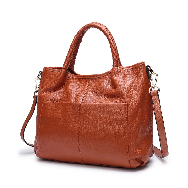 Женская сумка из натуральной кожи с верхней ручкой, женская сумка через плечо, большая сумка-мессенджер с двумя боковыми карманами - Цвет: Brown