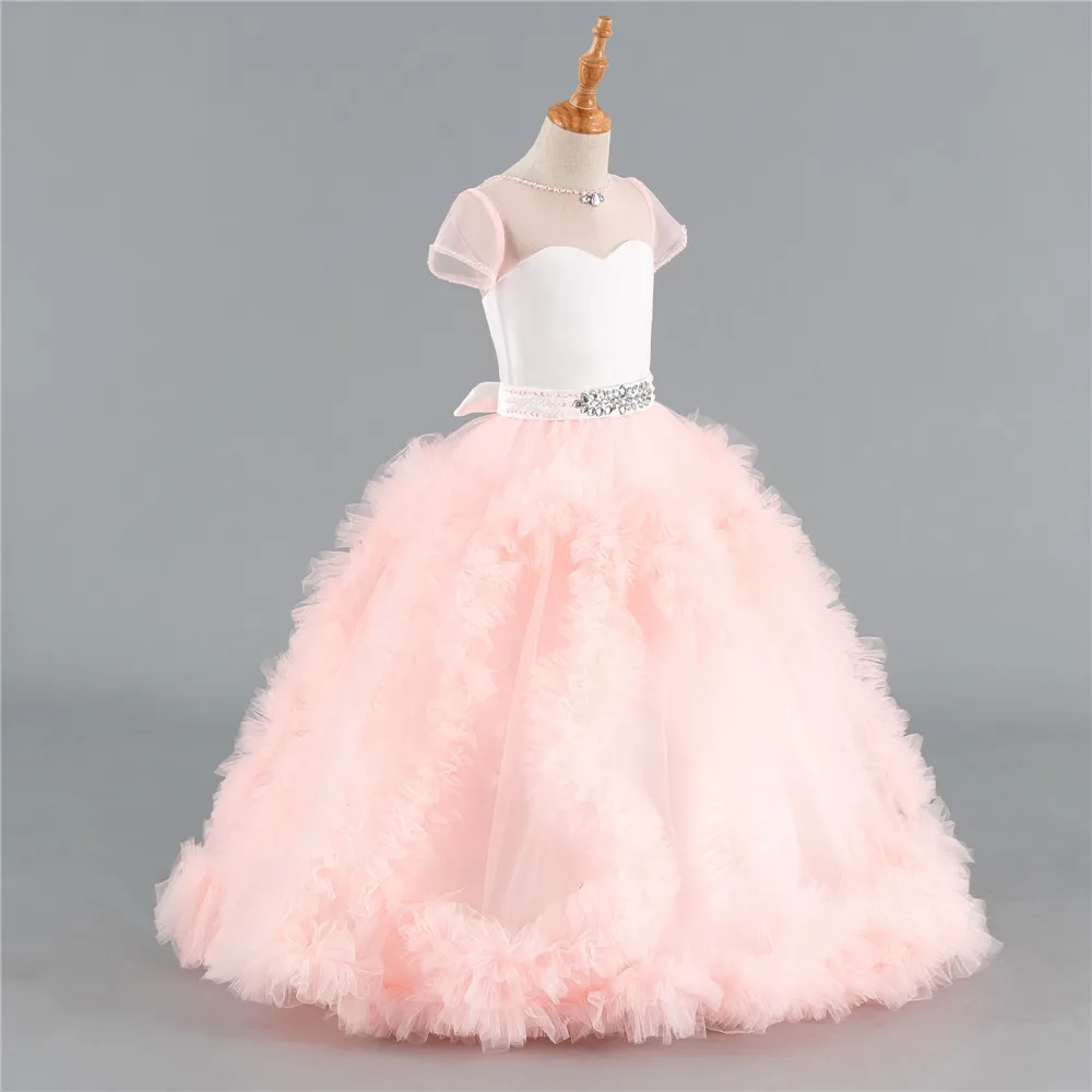 Розовые Платья с цветочным узором для девочек на свадьбу, бальное платье с рукавами-крылышками, фатиновые оборки, кристаллы, платья для первого причастия для маленьких девочек