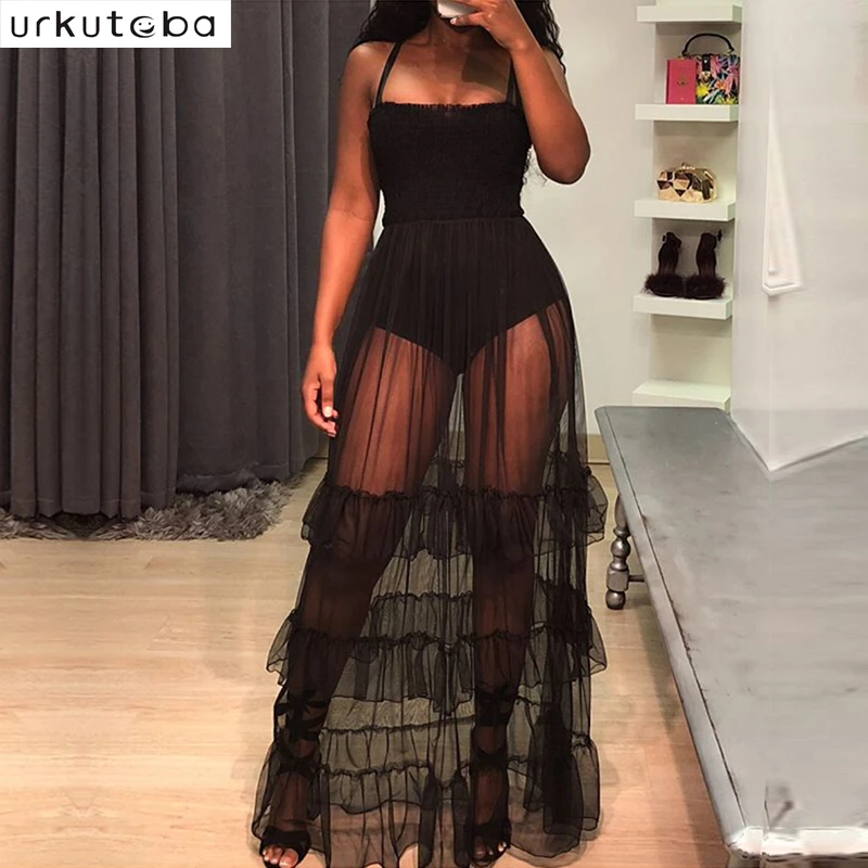

Women Perspective Lace Dress Sexy Party Maxi Dress Fashion Lady Black Mesh Sleeveless Ruffle Long Dress