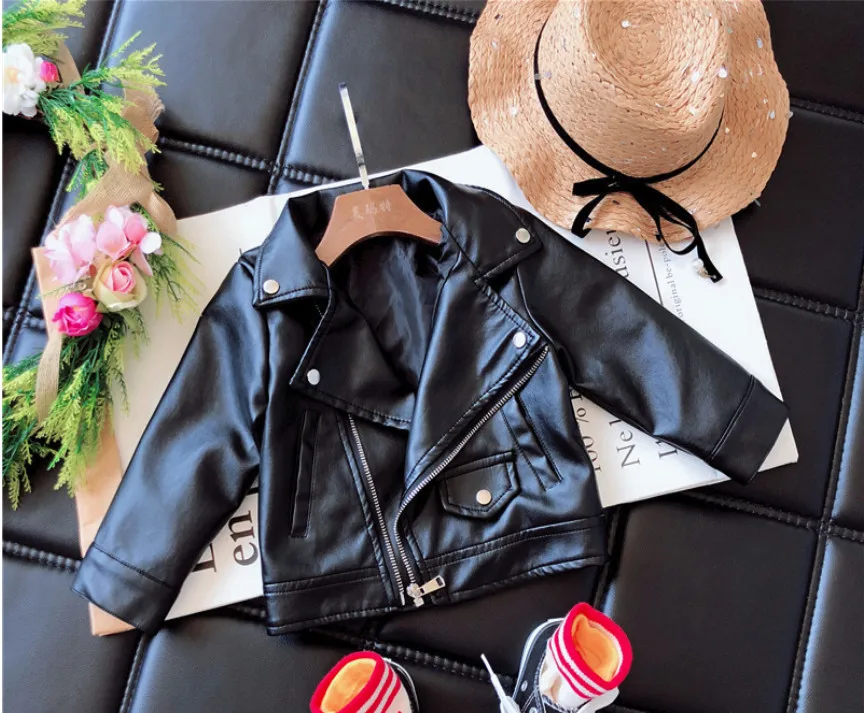 

New 2019 Kids Baby Girl Jackets Fashion Motorcycle PU Leather Children Jacket Boys Biker Coats Overcoat Black Child Cool Clohes