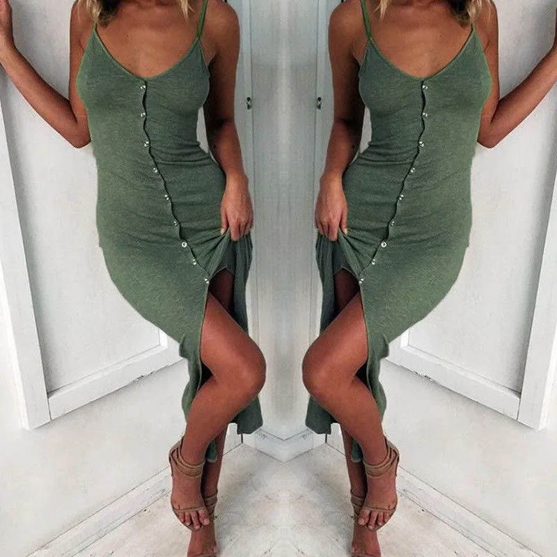 

Women Suspenders Summer Dress Sleeveless Strappy Maxi Dress Button Slim Split Party Long Dress Female Clothes Clubwear Vestidos