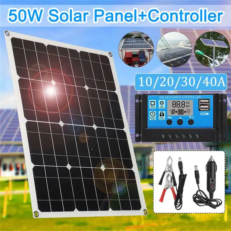 

50W 18V Solar Panel+Controller Monocrystalline USB interface Car Ship Outdoor Camping Emergency Phone Charger w/Solar Charger