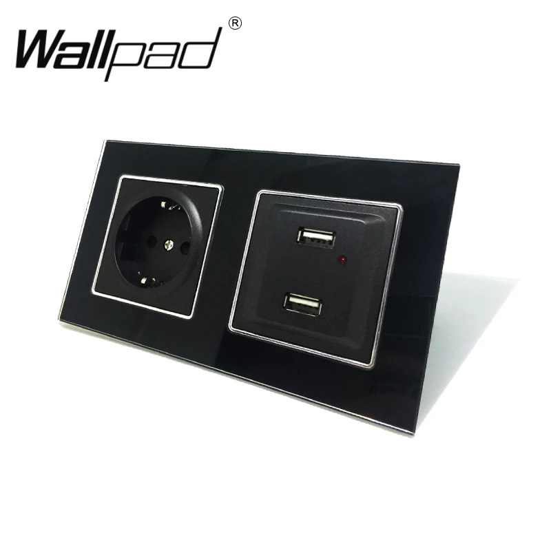 EU Schuko розетка с USB зарядным устройством зажимами Wallpad черная стеклянная панель