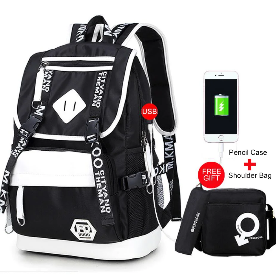 

Korean Style Multi-function Shoulders Bag College Students Oxford Travel Bags Printed Male/Femal Backpack With USB Shoulder Bag