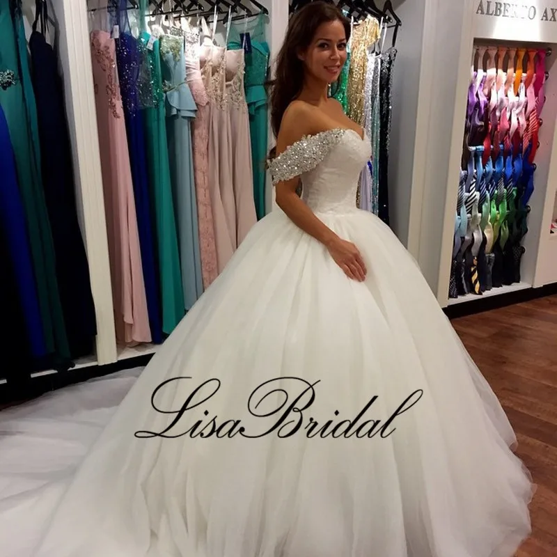 

Robe de mariee Fantastic Elegant Wedding Dress 2016 Sweetheart Neck Cap Sleeve Chapel Train Ball Gown Crystal Tulle Bridal Gowns