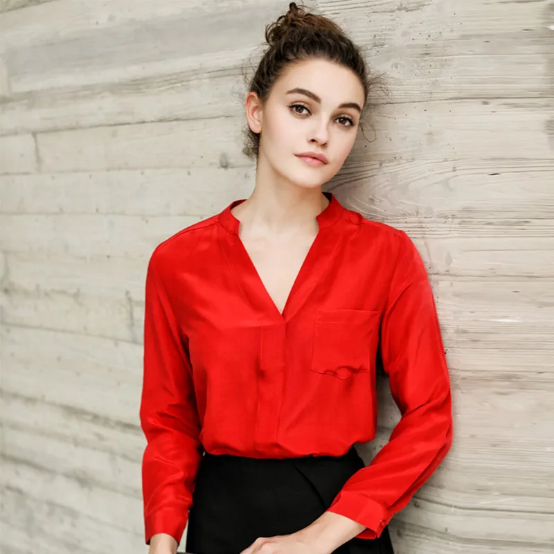 

2019 Pure Silk Long-sleeve Shirt 100% Mulberry Silk Top Women Basic Pocket Blouse S/M/L Free Shipping