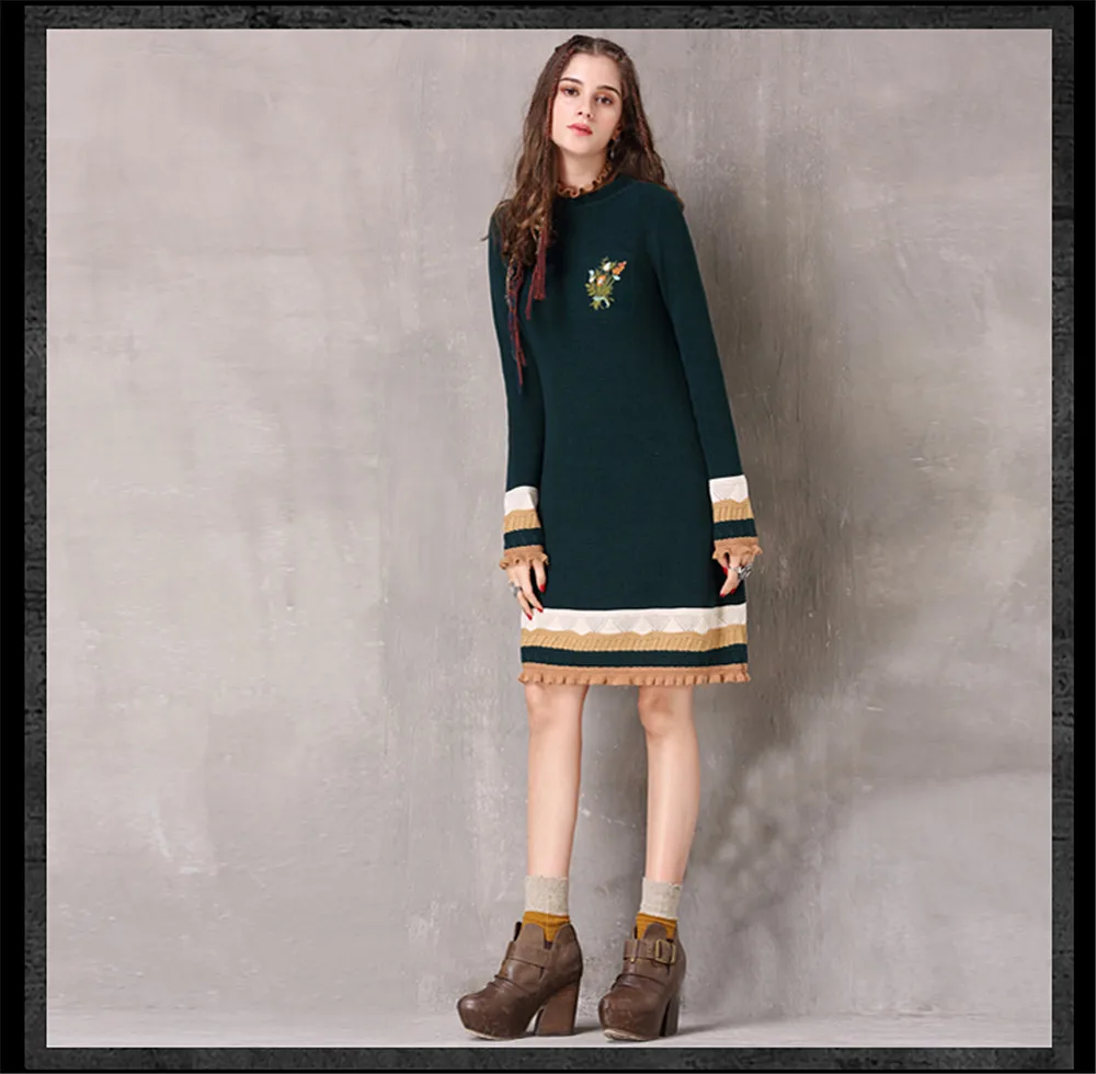 Vintage Winter Sweater Dress Women Green Casual Elasticity Cotton Dresses Autumn Knitting Ruffles-Neck Long Sleeve Dresses (17)