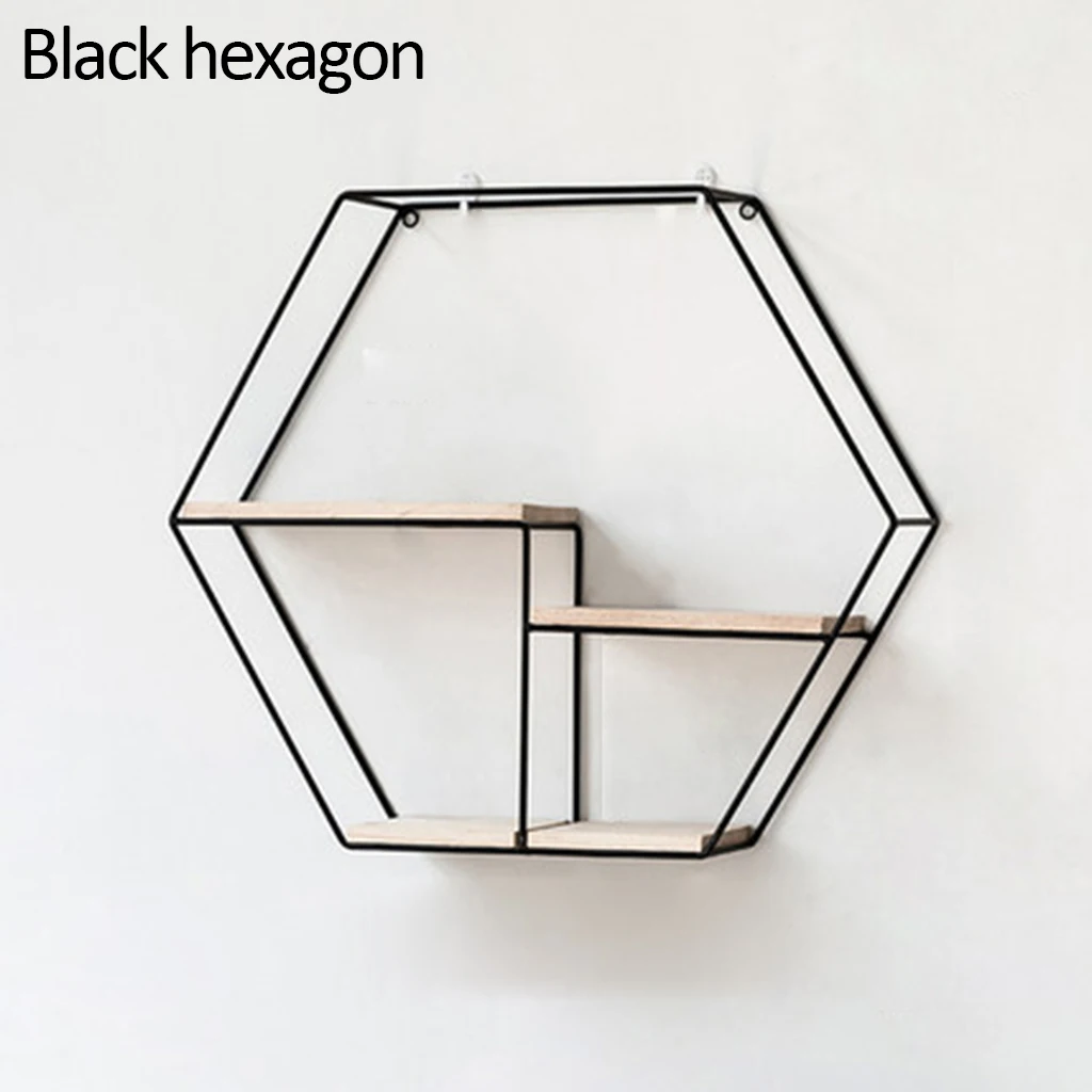 Wooden Iron Wall Shelf Hexagon Geometric Storage Rack Hanging Organizer For Kitchen Bathroom Nordic Home Decoration Holder J19 - Цвет: Black Hexagon