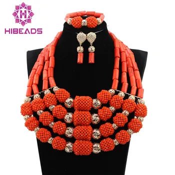 

Luxury Real Coral Beaded Bib Chunky Jewelry Set Full African Big Jewelry Sets for Nigerian Wedding 3 Colors Free Shipping CNR765