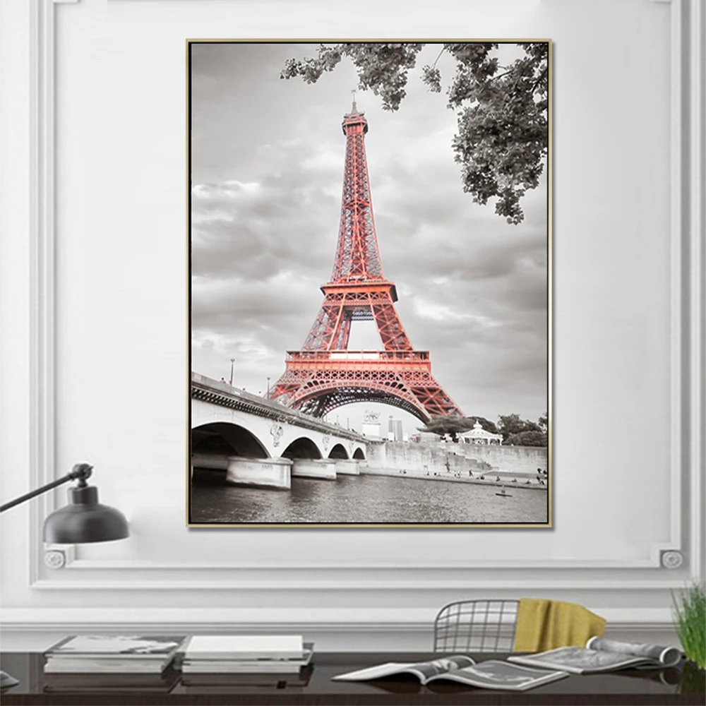 Pintura De La Lona Rojo Torre Eiffel Blanco Y Negro Arquitectura Impresiones Imagenes Para La Pared Para Pared De Salon Decoracion Pintura Y Caligrafia Aliexpress