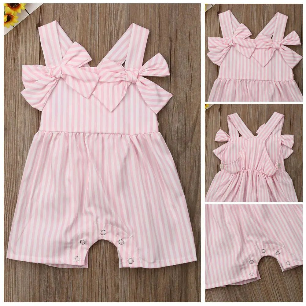 

Toddler Baby Girl Pink Striped Bow Romper Striped Bowknot Trousers Outfits 0-3Y