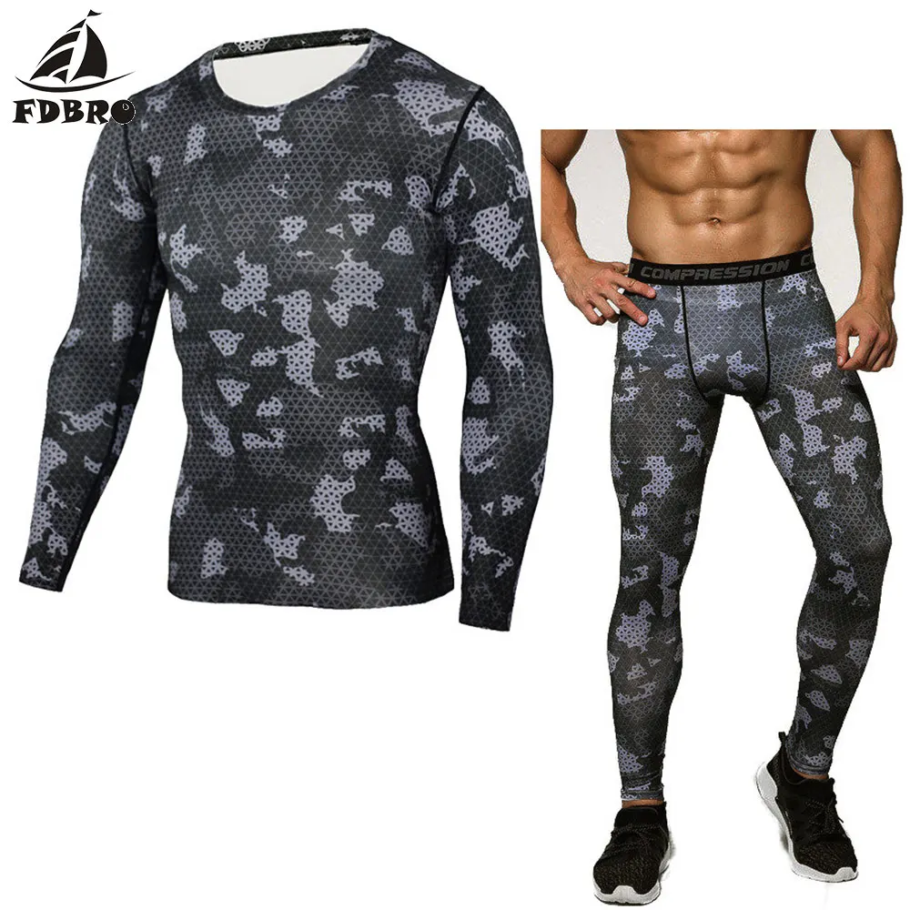 FDBRO спортивный костюм для мужчин сжатия MMA рубашка с длинным рукавом Рашгард Комплект Камуфляж Толстовка и леггинсы фитнес термобелье - Цвет: 1