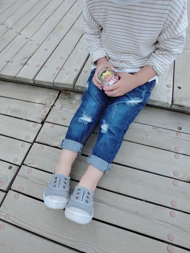kids boys girls ripped jeans baby holes denim blue pants toddler
