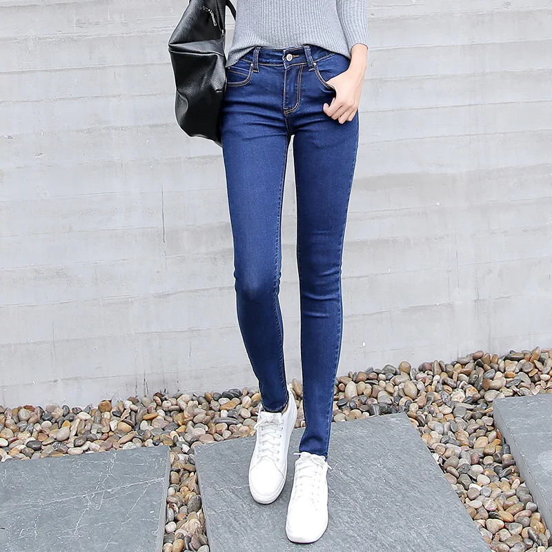

2016 Limited Cotton Light Mid Waist Jeans New Slim Jeans Washing Feet All-match Korean Simple Pencil Pants Ladies Trousers
