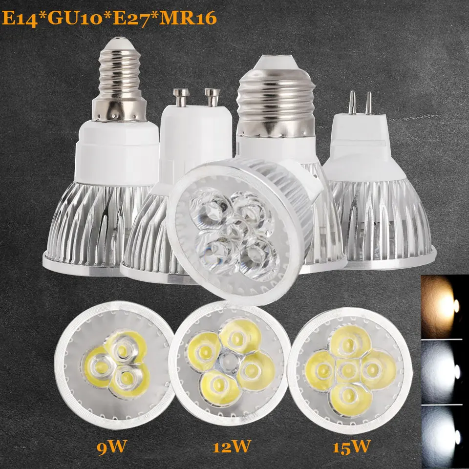 할로겐 램프 교체 LED 전구, 에너지 절약, GU10, E27, E14, DC 12V, MR16 스포트라이트, 9W, 12W, 15W, AC 110-240V, 3000K, 4000K, 6500k