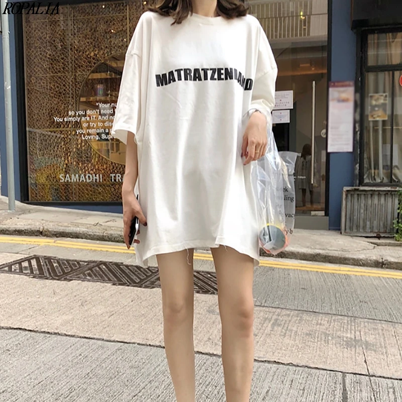 Для женщин Harajuku Стиль пуловер свободные Повседневное футболки Топ с круглым вырезом Письмо печати Половина рукава футболка