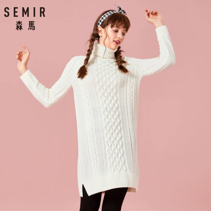 

SEMIR Women Wool-Blend Roll-up Turtleneck Sweater Dress in Jacquard Knit Chunky Sweater Dress Ribbed Cuff and Hem Slits at Side