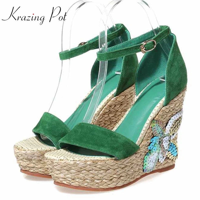 Krazing pot 2018 sheep suede 10cm super high heels straw decorations waterproof sandals flowers bling net superstar shoes L90