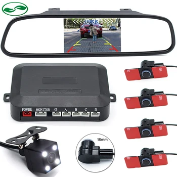 

3in1 Car Video Reverse Parking Sensor 16MM Flat Sensors Connect Rear View Camera Display Distance on 4.3" Car Mirror Monitor