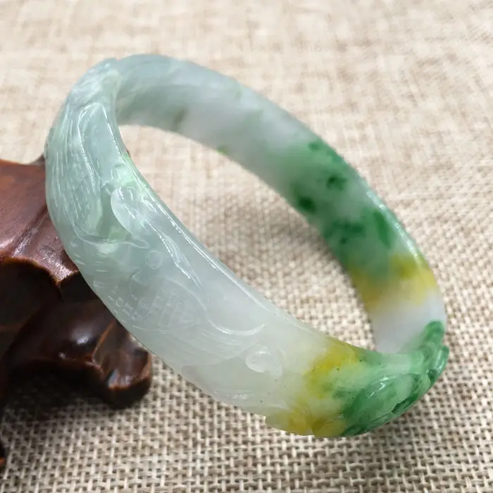 

A-421 Beautiful Hand-carved Emerald Green Jadeite Jade Gems Bracelet Bangle 61mm