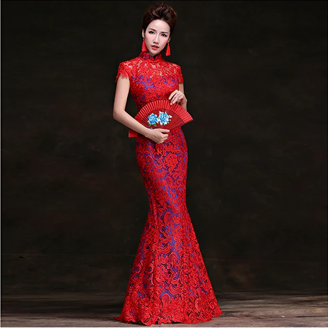 Red Blue Lace Cheongsam Traditional Chinese Dress Woman Bride Fashion Evening Dress Long Qipao