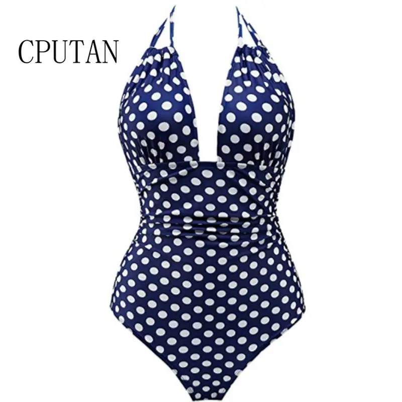 CPUTAN 2020 Women Vintage Dots One Piece Swimwear Backless Tummy Control Monokini Swimsuit Halter Push up Bathing Plus Size 4XL